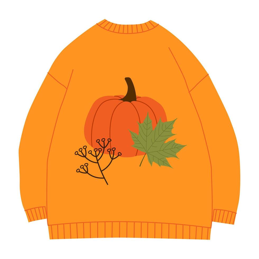Warm sweater for autumn or winter in cartoon style. Cute and cozy design element. Creative seasonal fall clothes decorated by branches with leaves and berries isolated on white. Hand drawn. vector