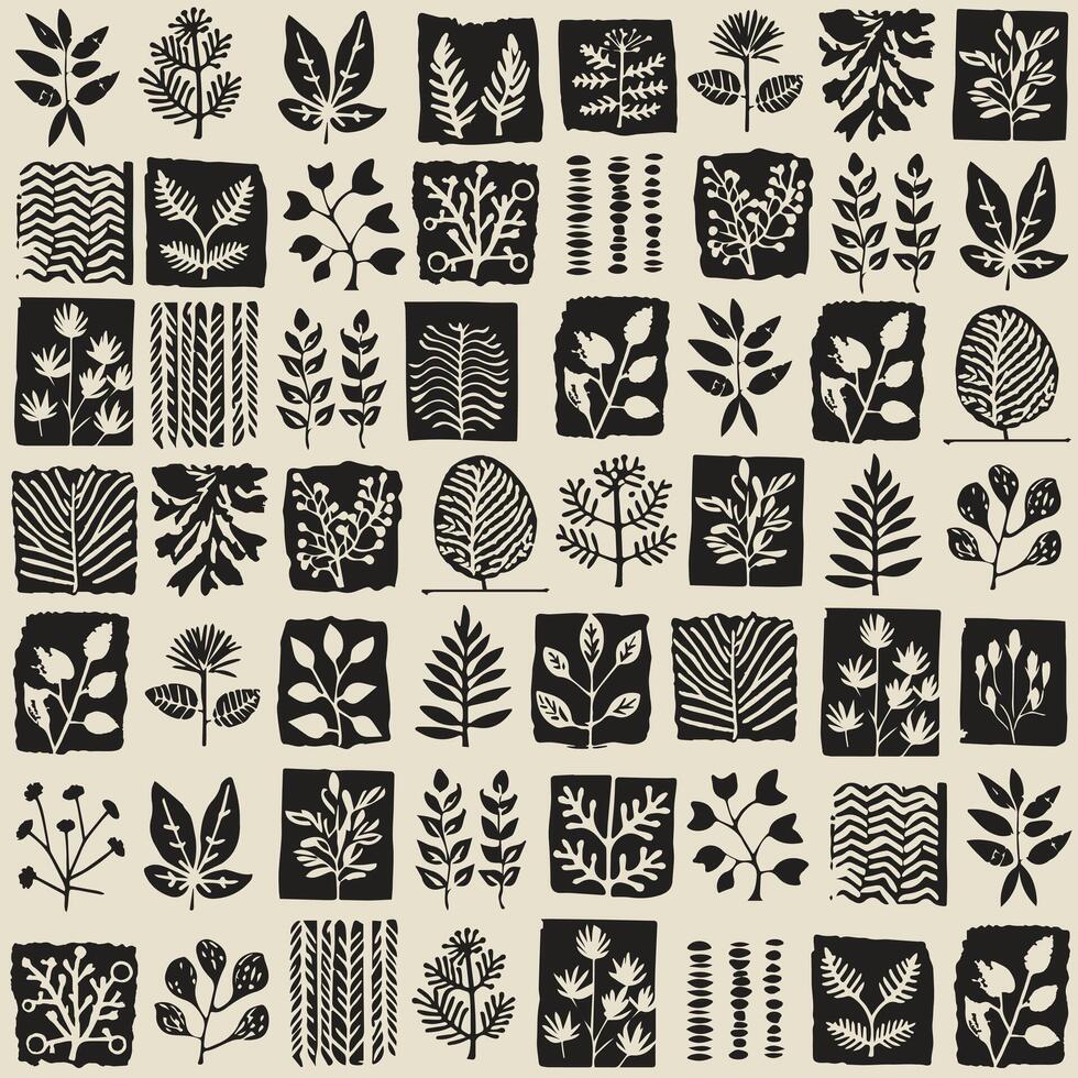 Modern botanical background in minimal stamping style. Trendy groovy leaf pattern, flower pattern, and abstract pattern. vector