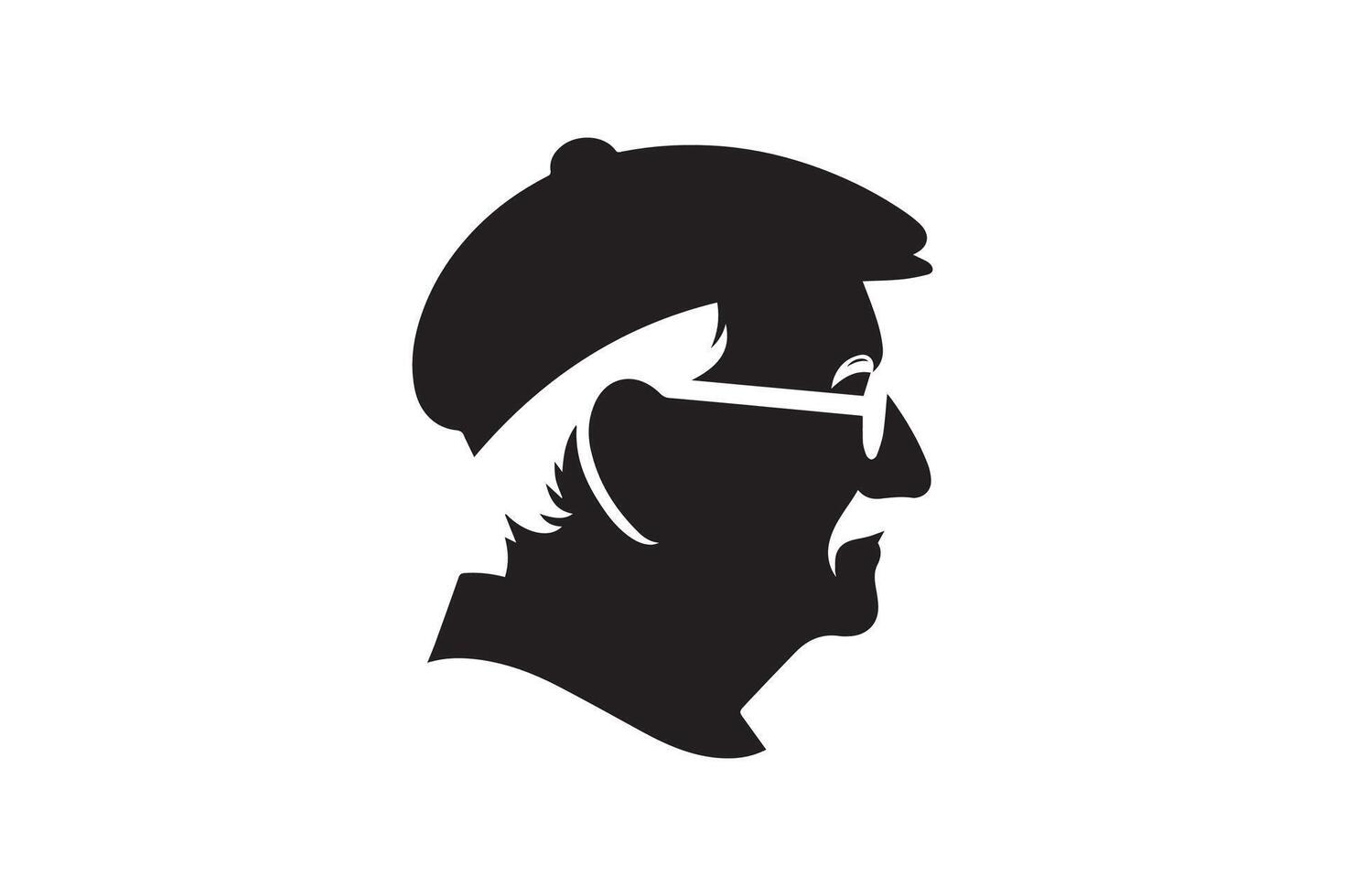 A black and white silhouette of a man with glasses and a hat vector