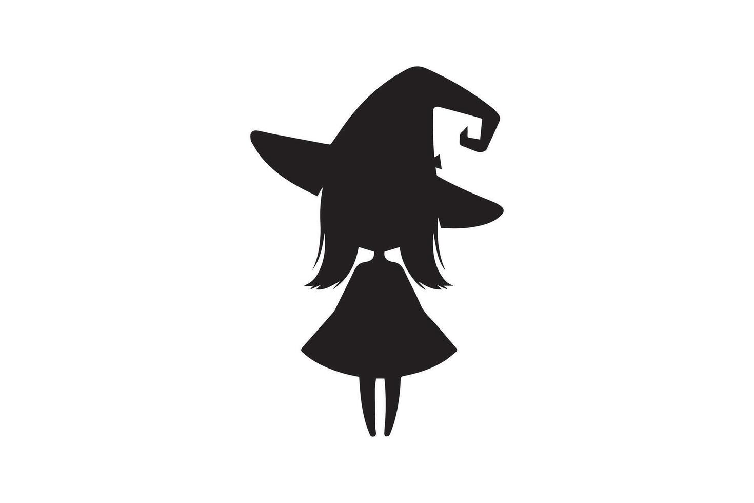 A black and white silhouette of a girl wearing a witch hat vector