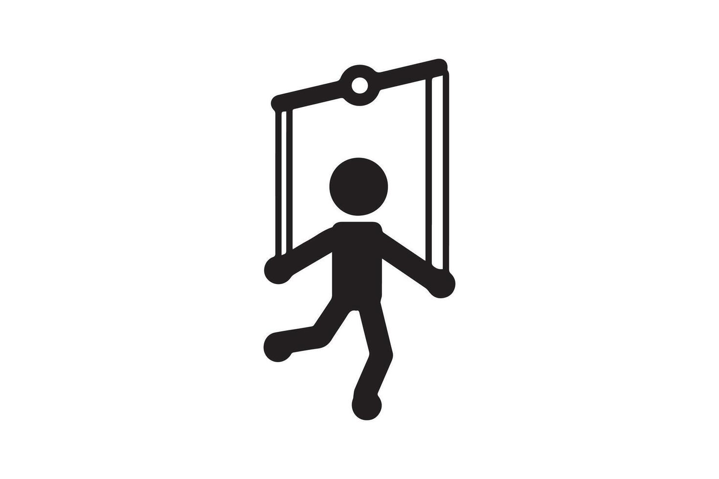 A black and white illustration of a man swinging on a swing vector