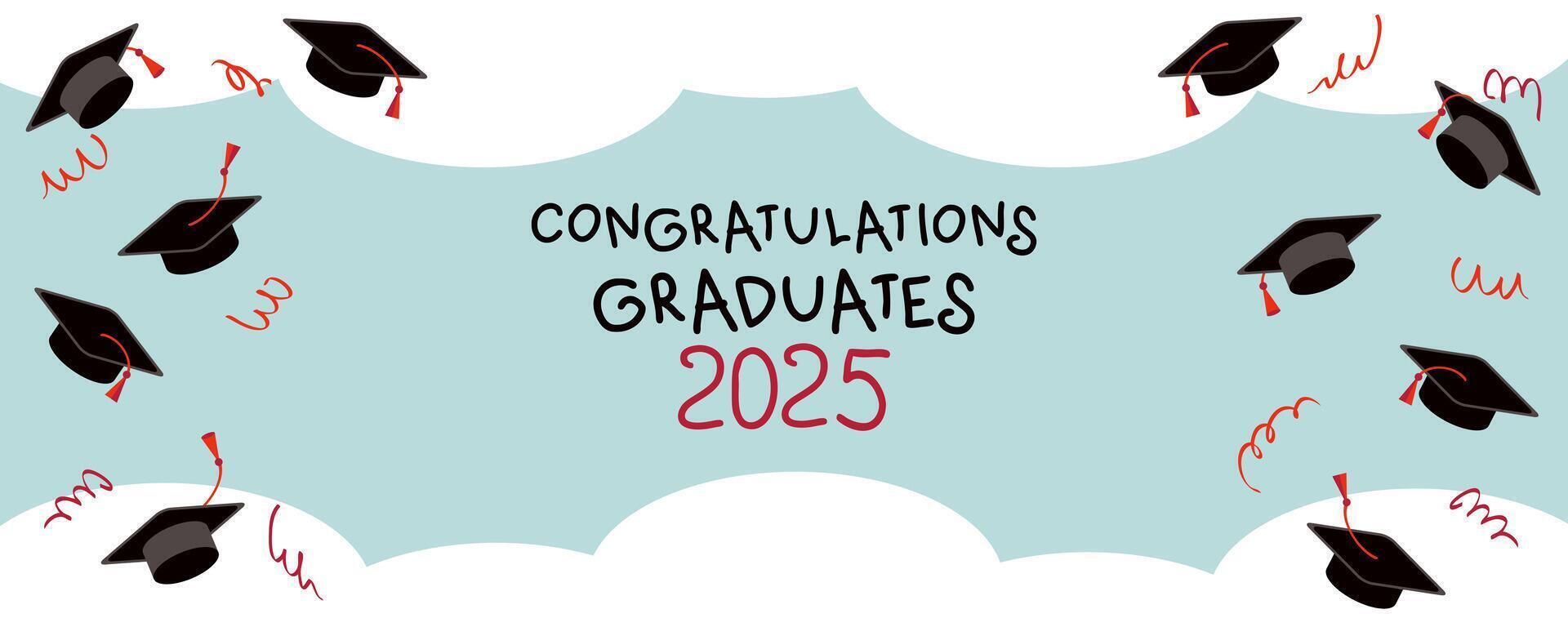 Congratulations graduates 2025 graduation caps on blue sky background banner. Festive design for college, high school, university. Hand drawn illustration. vector