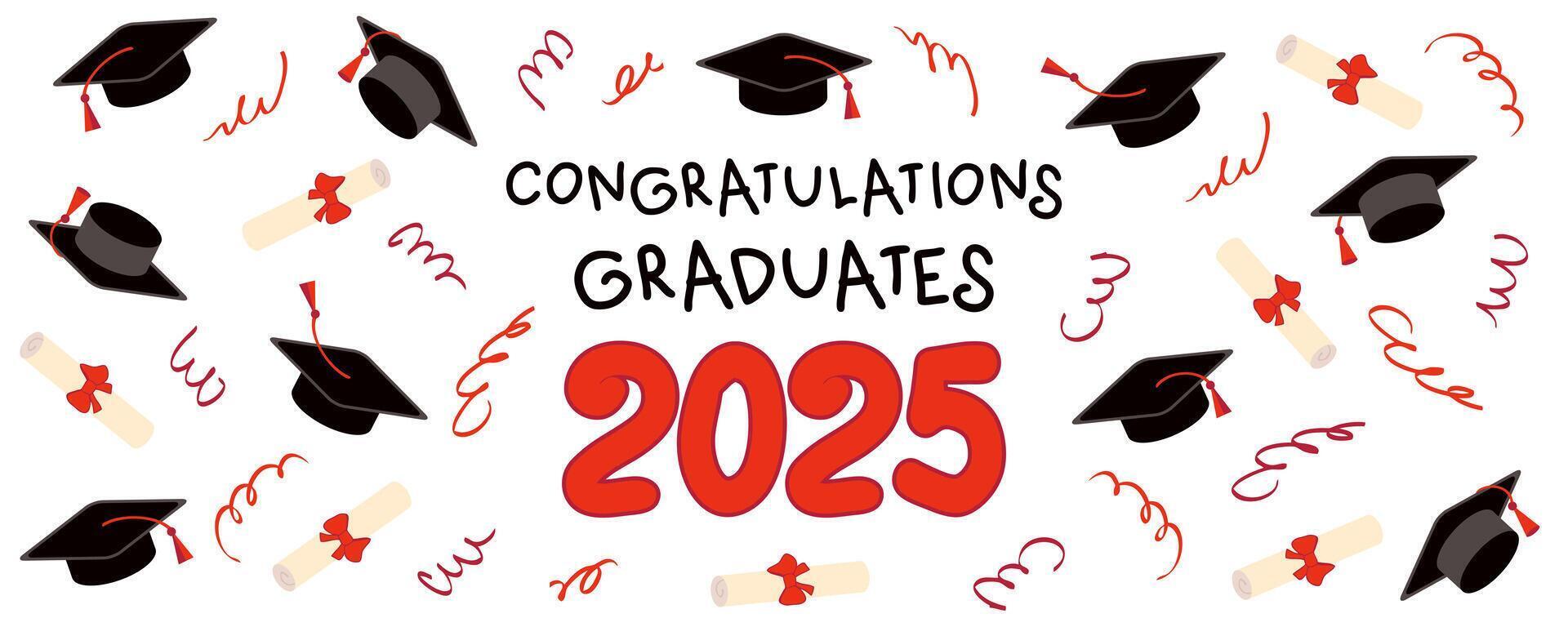 Congratulations graduates 2025 banner with confetti, ribbon, serpentine and graduation caps. Perfect design for college, high school, university. vector