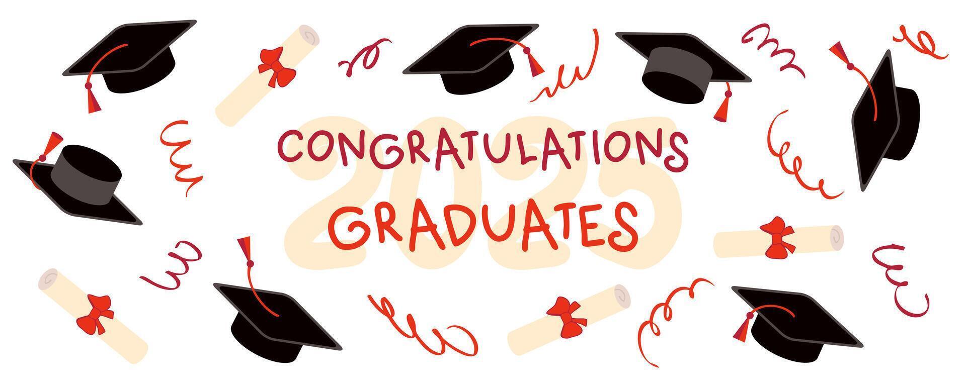 Graduation caps and diploma rolled scroll congratulations graduates 2025 banner. Perfect design for college, high school, university. vector