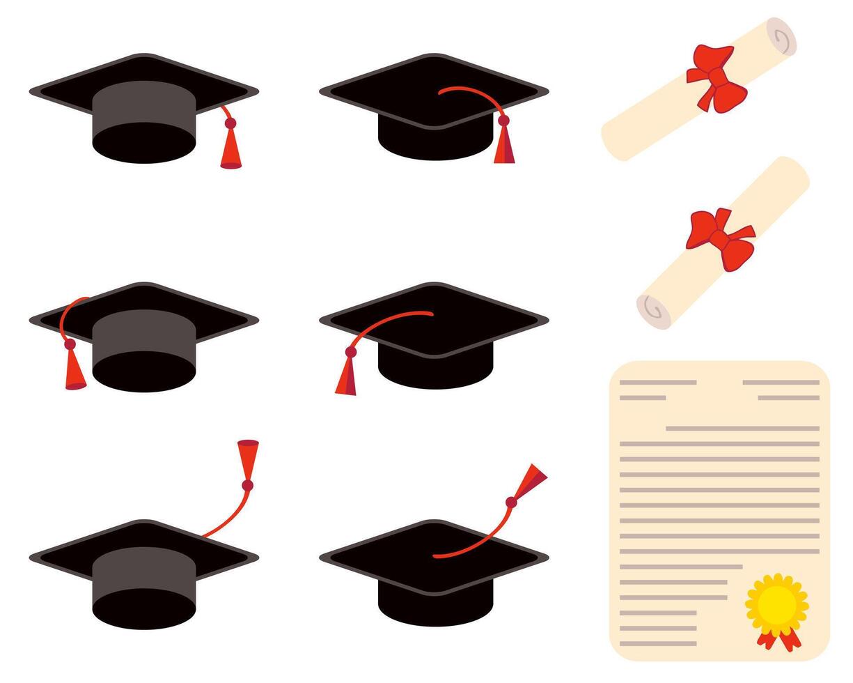 Graduation caps and diploma certificate clipart collection. Perfect for stickers, labels, cards. Hand drawn illustration. vector