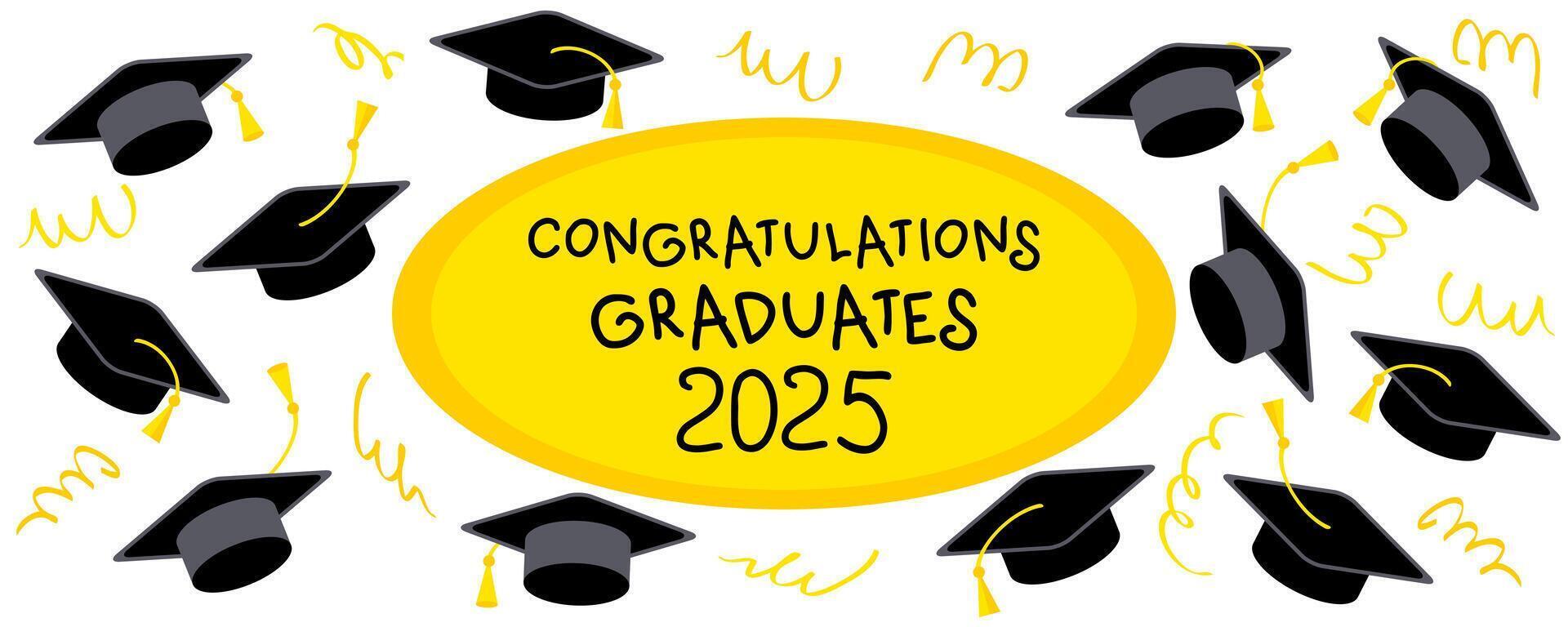 Class of graduation 2025 banner with confetti, ribbon, serpentine and caps. Perfect design for college, high school, university. Hand drawn illustration. vector