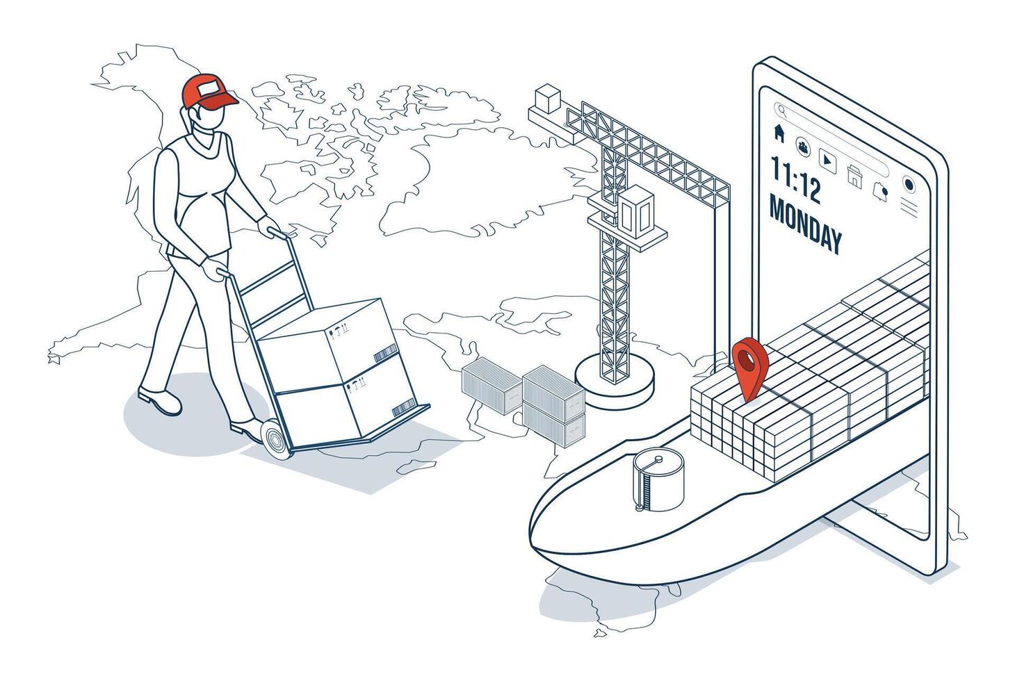 Maritime transport, involving container ships and cargo planes, plays a vital role in global logistics, facilitating seamless import and export activities. vector