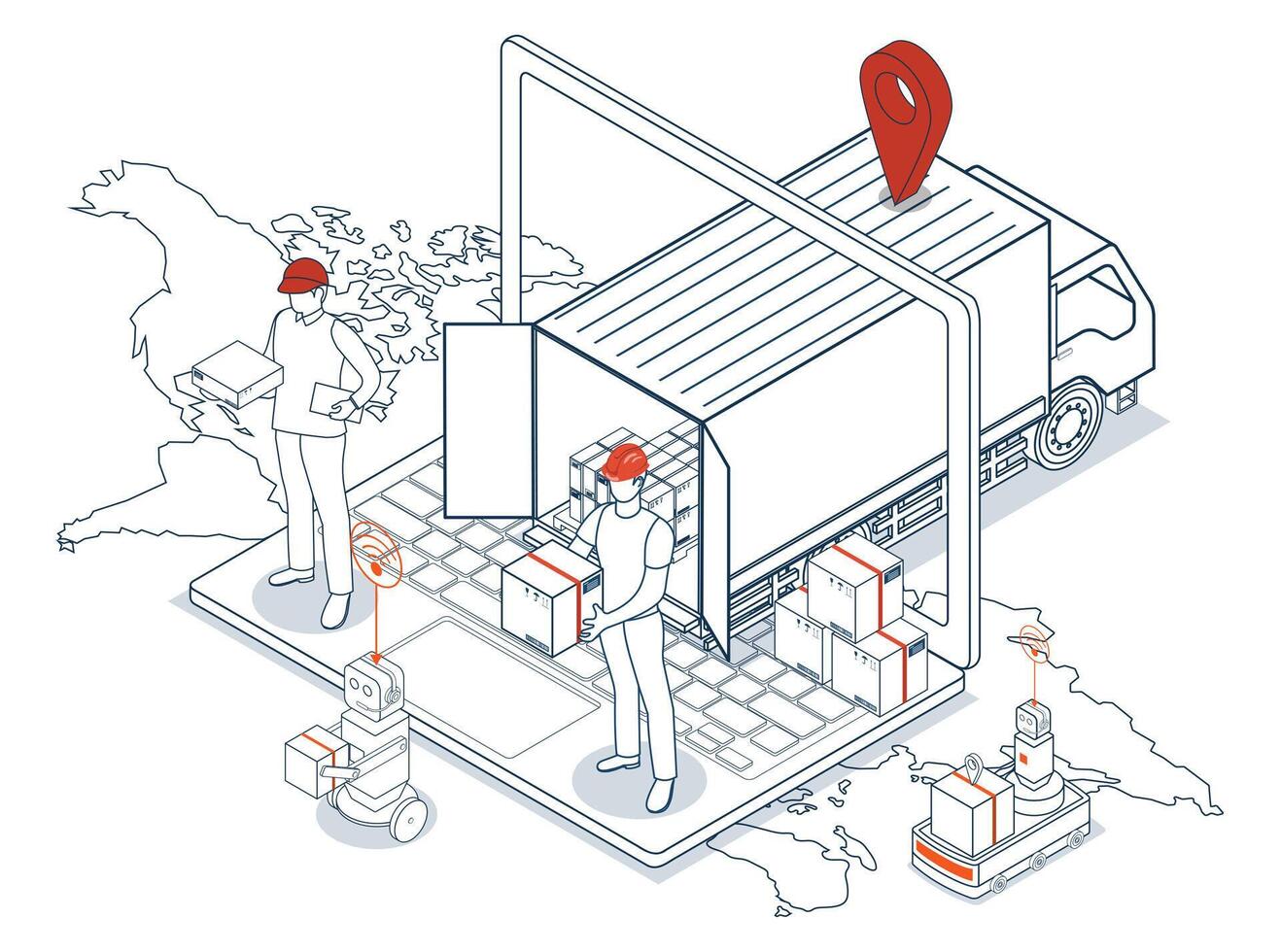 Logistics and Delivery services concept with Truck transport product boxes from suppliers to buyers, streamlined by instant Laptop ordering for quick and efficient delivery. vector