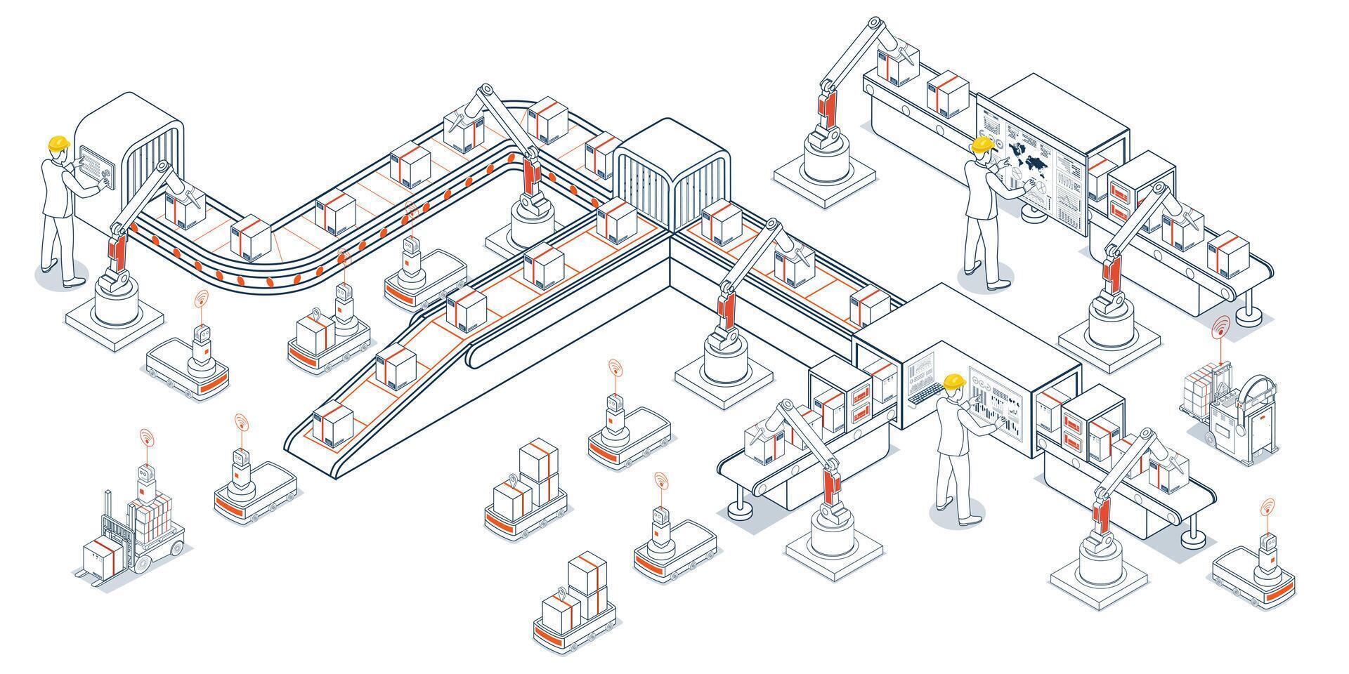 Automated Warehouse and Transport Operations using AGVs Automated Guided Vehicles and AMRs vector