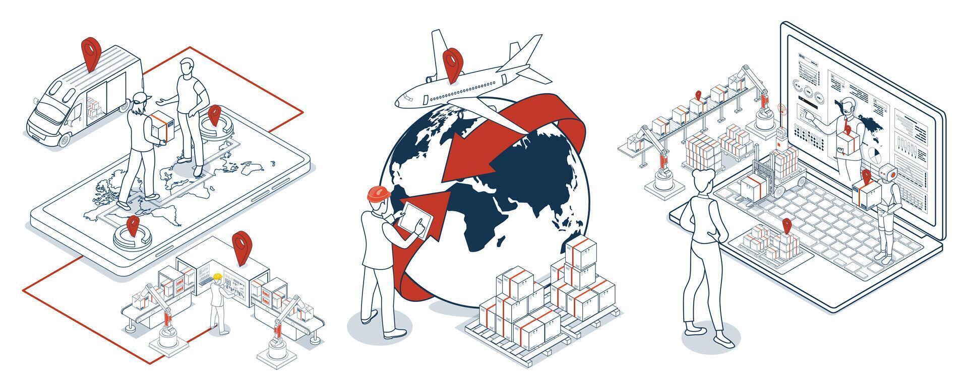 Worldwide delivery services are powered by global logistics, offering customers various shipping options and streamlined online order management. vector