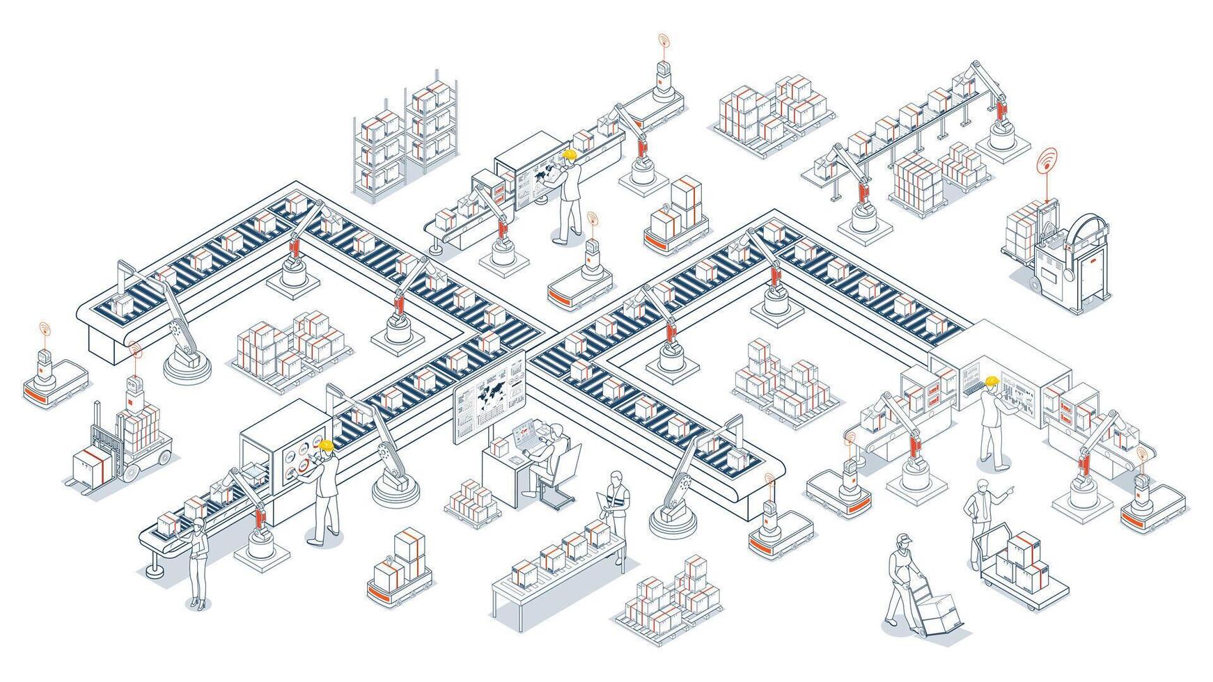 Smart warehouse automation systems utilize AGVs and AMRs for efficient material handling vector