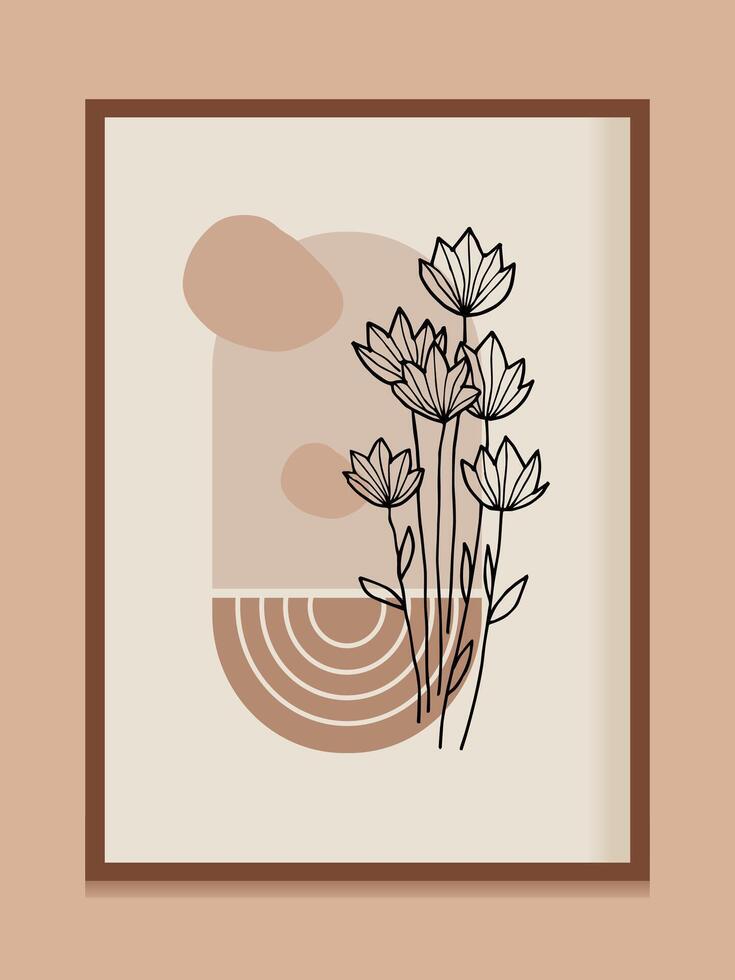 Minimalist boho illustration with floral elements and abstract shapes in a neutral color palette vector