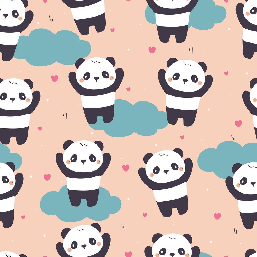 seamless pattern cute cartoon panda with blue clouds. cute animal drawing for wallpaper, pattern, background vector
