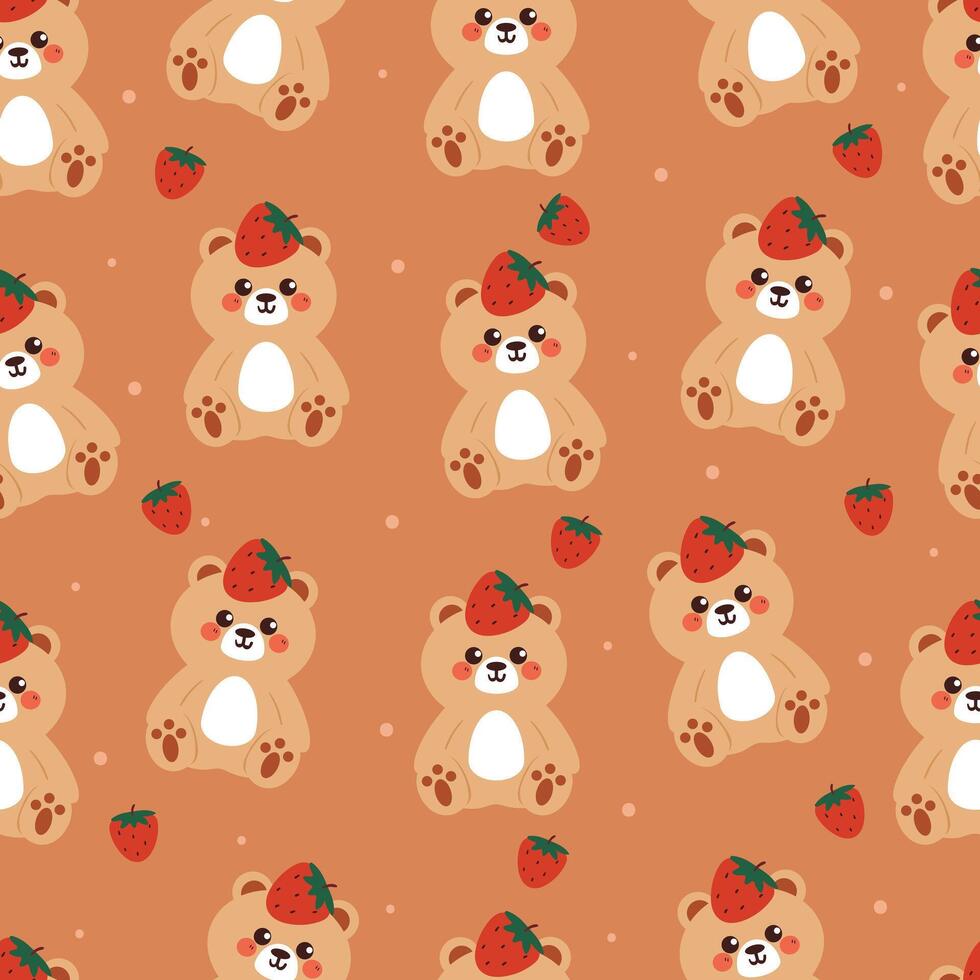 seamless pattern cute cartoon bear with strawberry. cute animal pattern for background and gift wrap paper vector