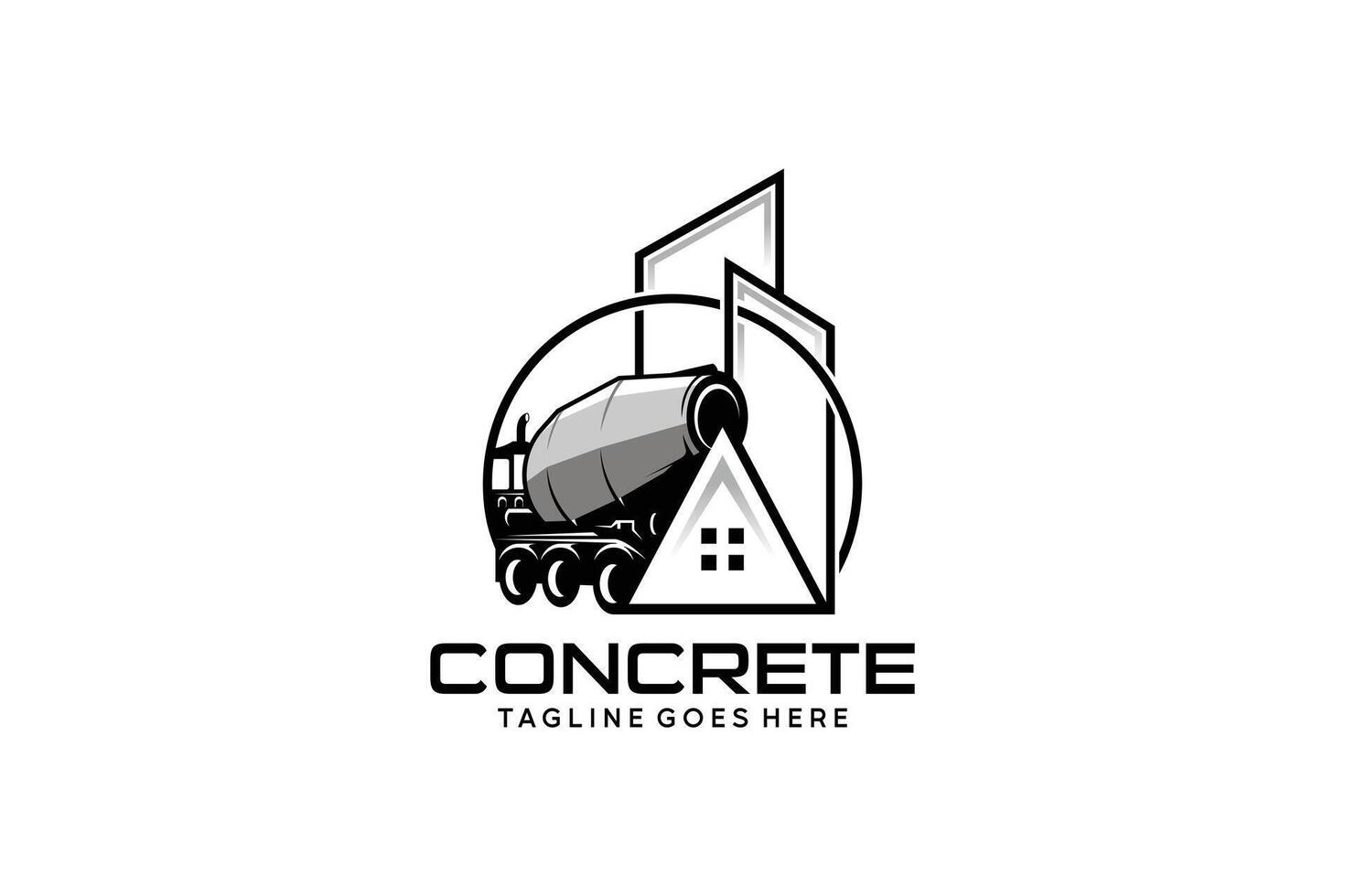 concrete mixer truck logo design with house and building illustration symbol vector