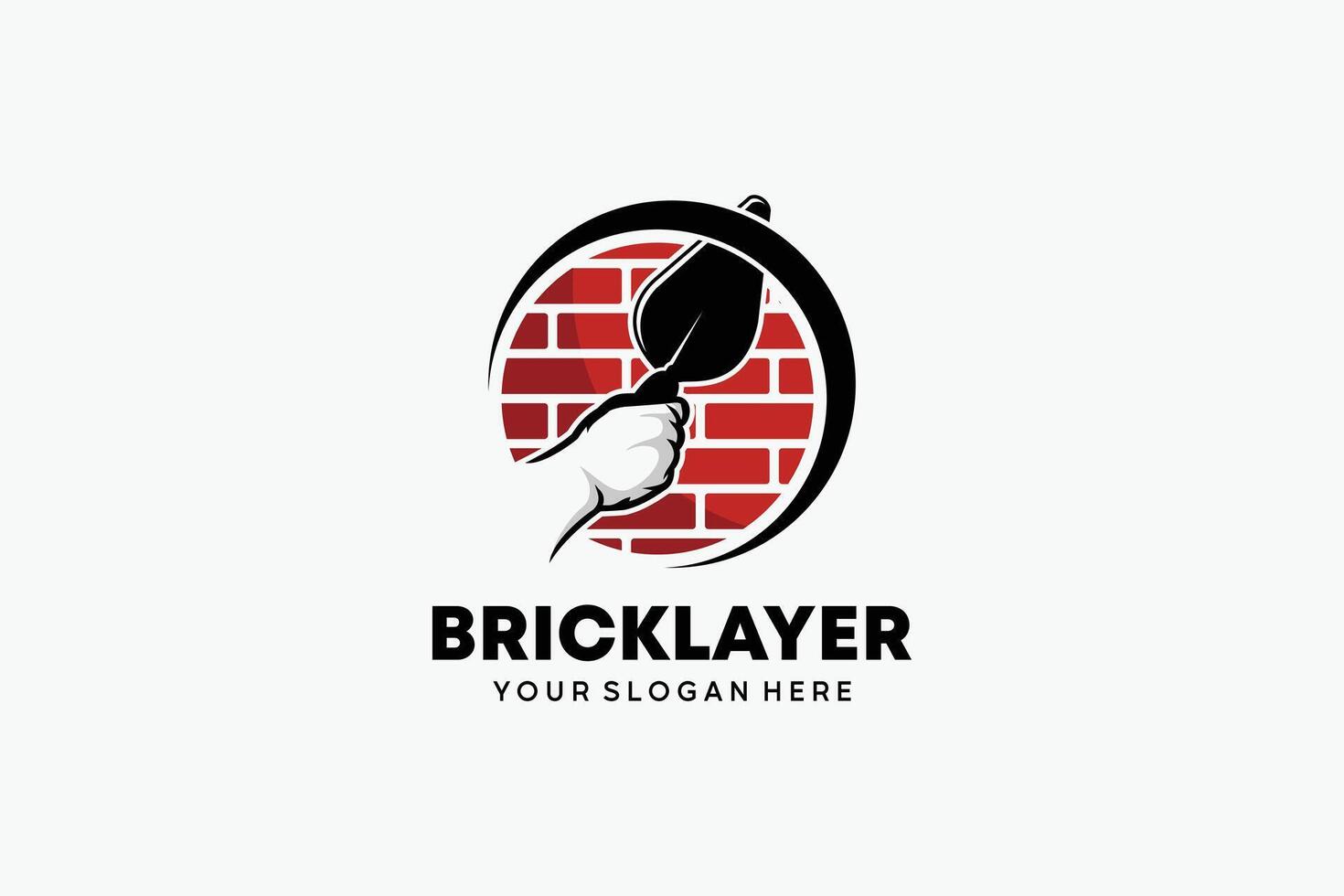 illustration of hand holding trowel with brick symbol for bricklayer logo template vector
