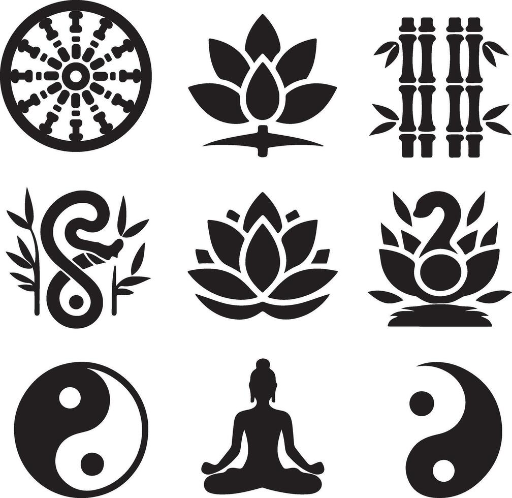 buddha symbols set, black and white illustration vector