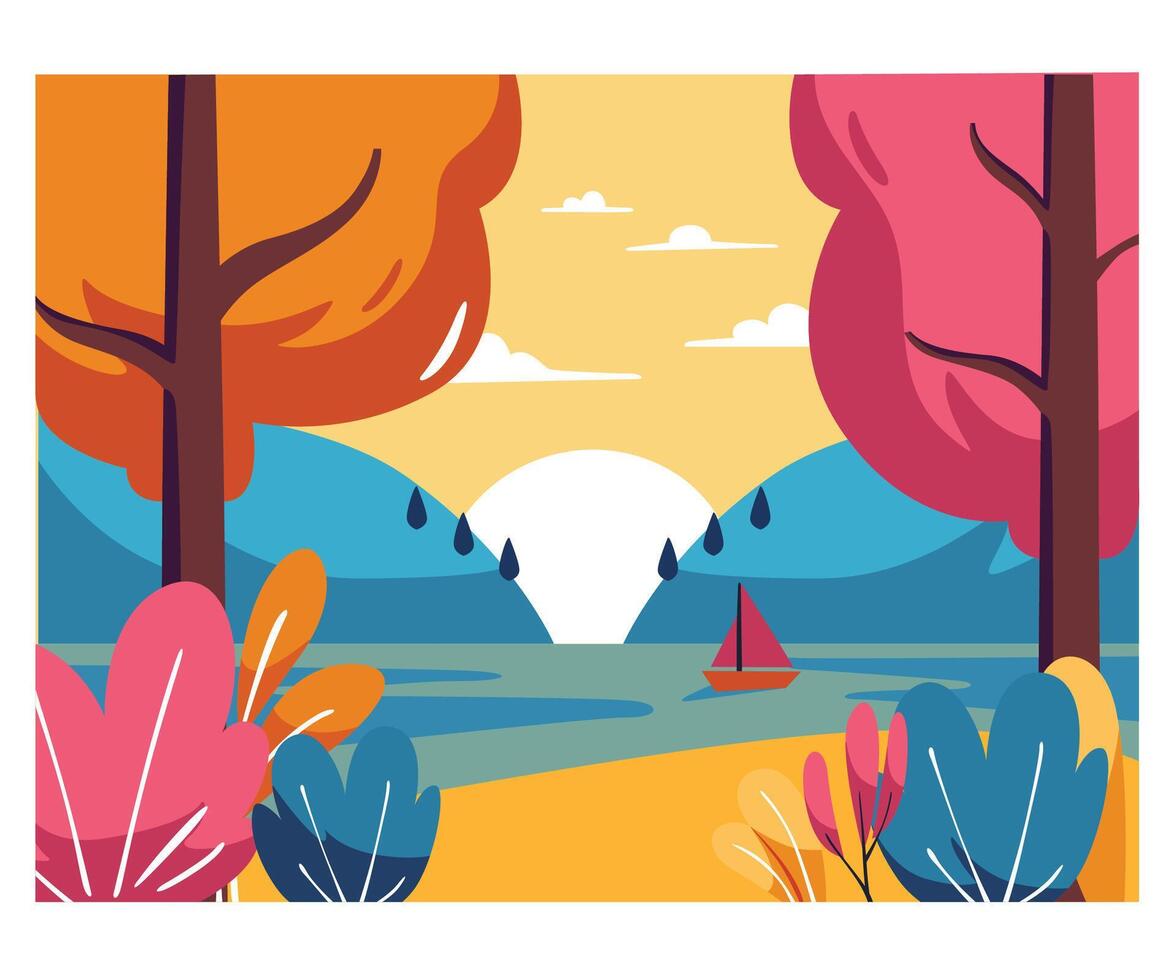 Vibrant Sunset Landscape with Sailboat vector