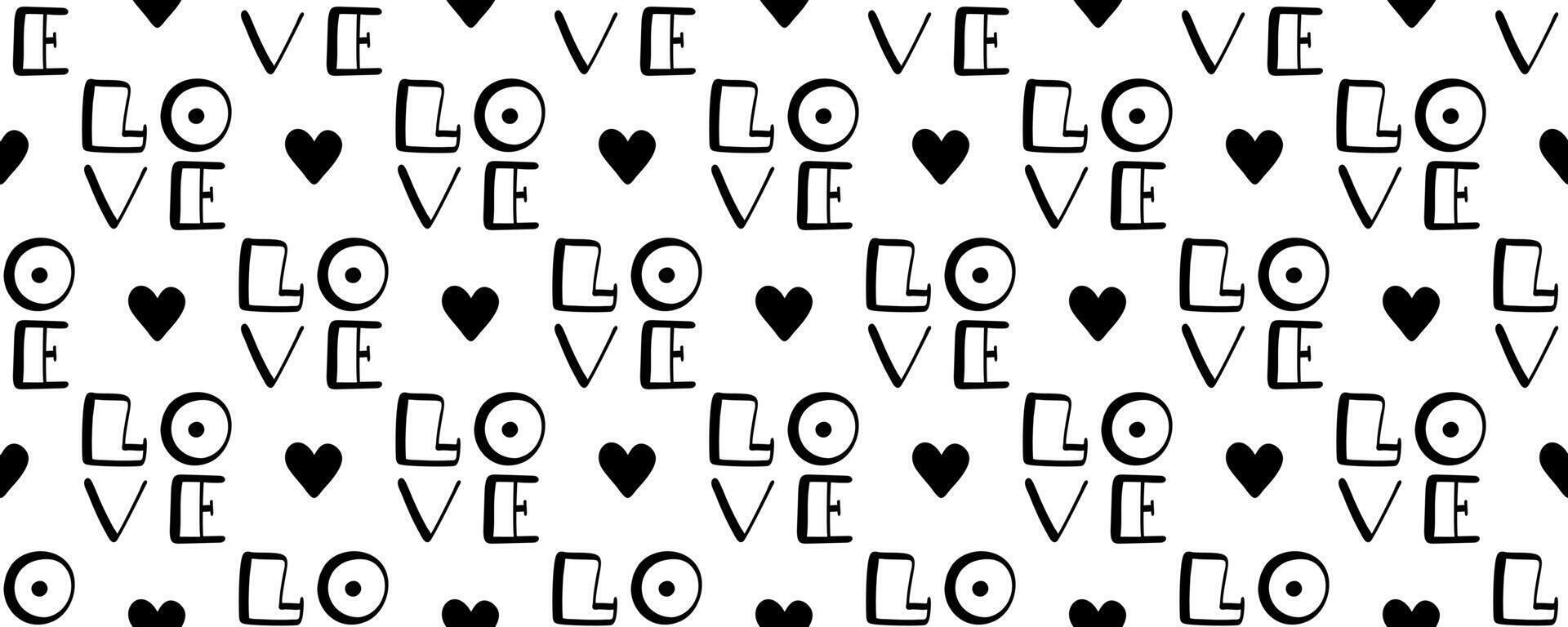 Seamless pattern with hand drawn love typography and hearts. Black and white doodle style design, perfect for Valentines Day, wedding decorations, wrapping paper, textiles, and backgrounds. vector