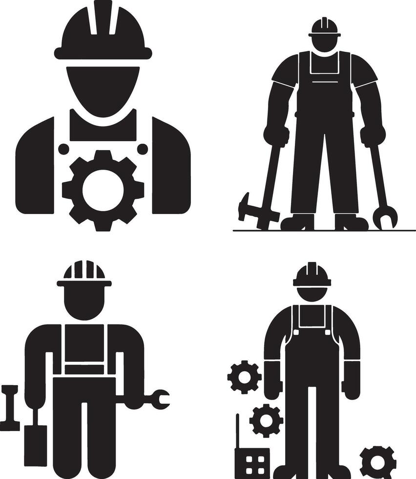 Silhouette Of Labour Day icons of workers and gears rk and industr vector