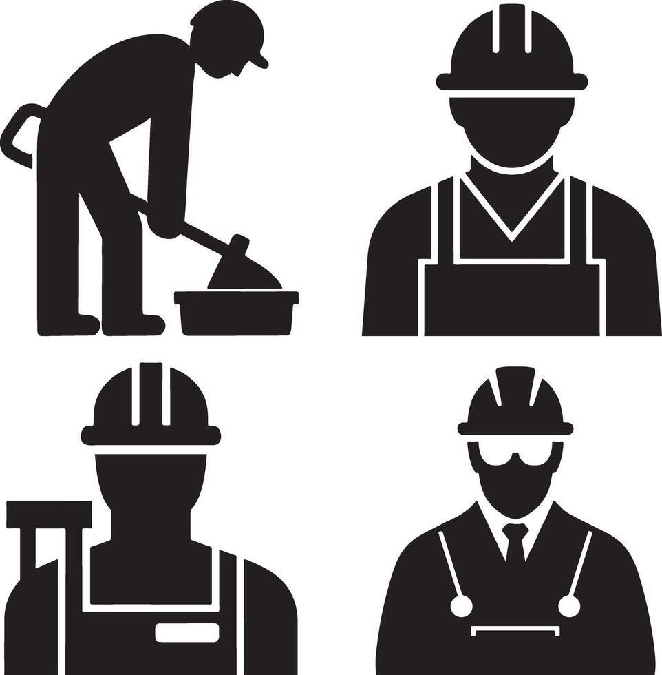 Four black silhouette figures of construction workers in various poses. vector