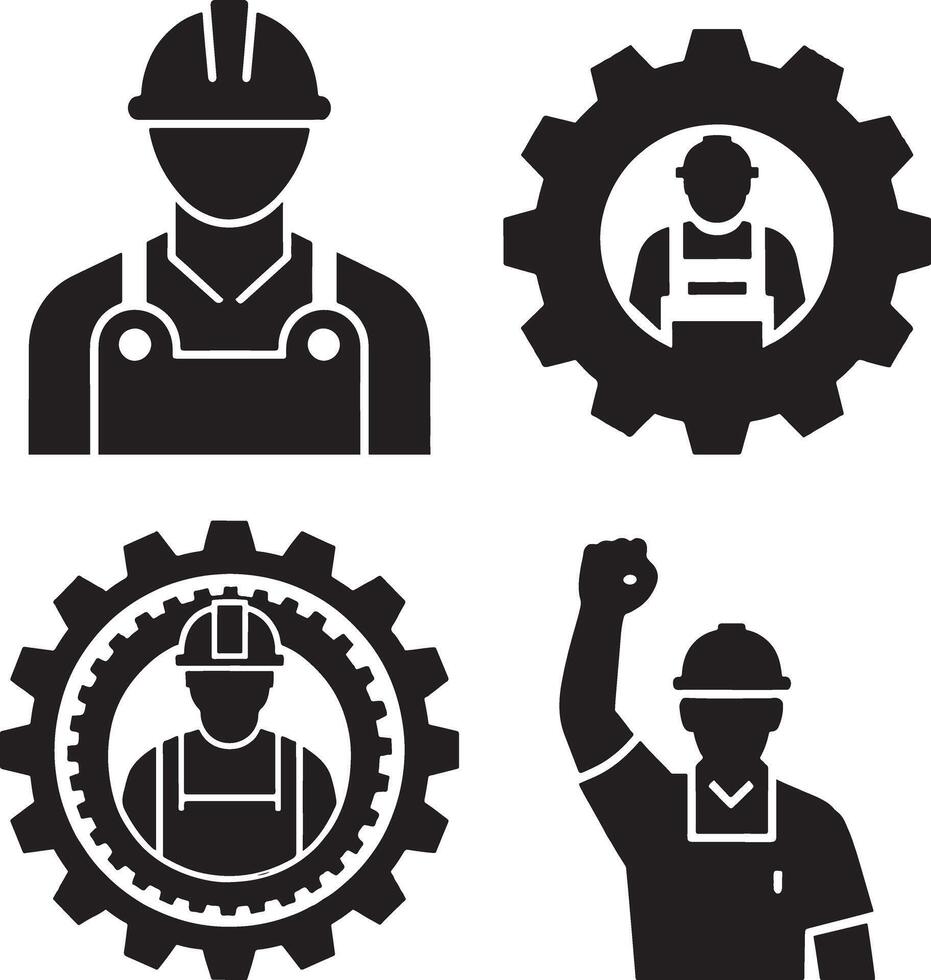 Silhouette icons of workers and gears, representing teamwork and industry vector