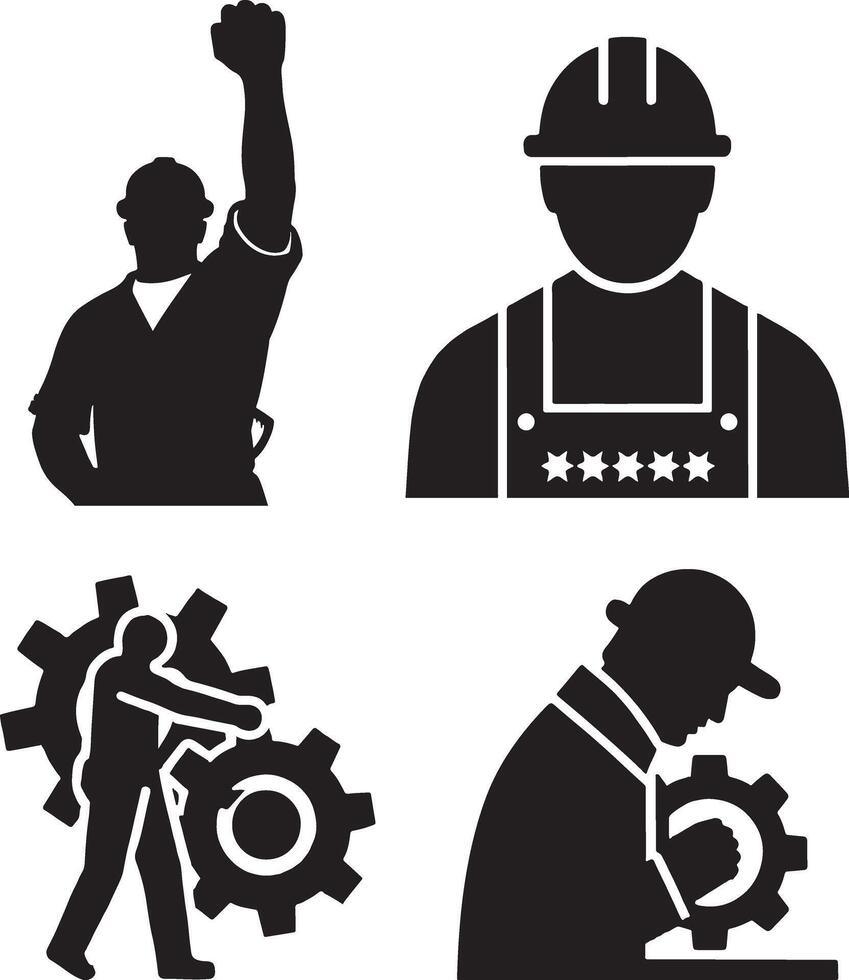 Black and white silhouette icons of workers and gears vector