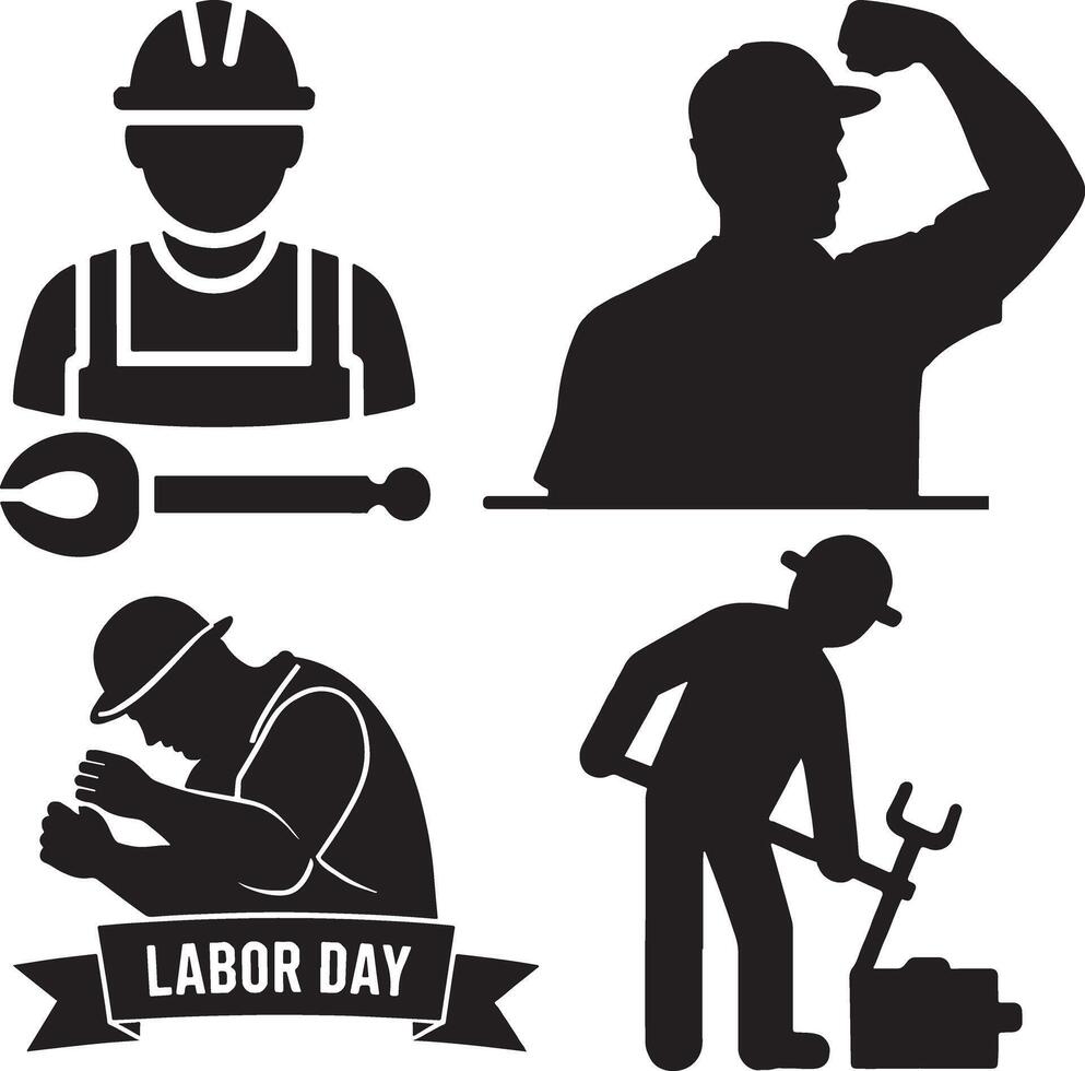 Four black silhouette icons depicting various workers in different actions vector