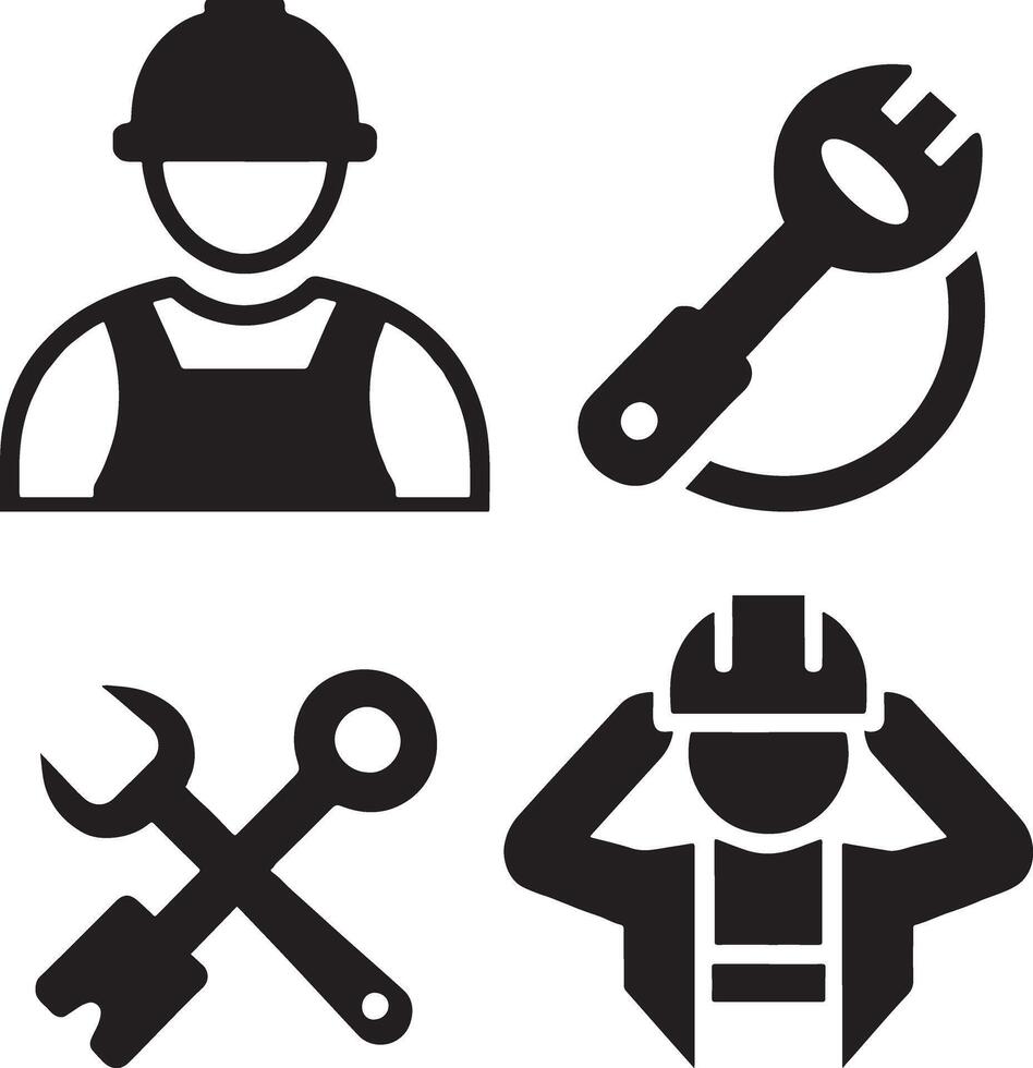 Four simple, black and white silhouette images of construction workers performing various tasks vector