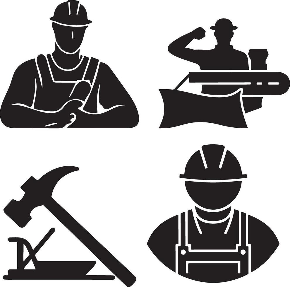 Features four simple, black silhouette icons of construction workers. vector