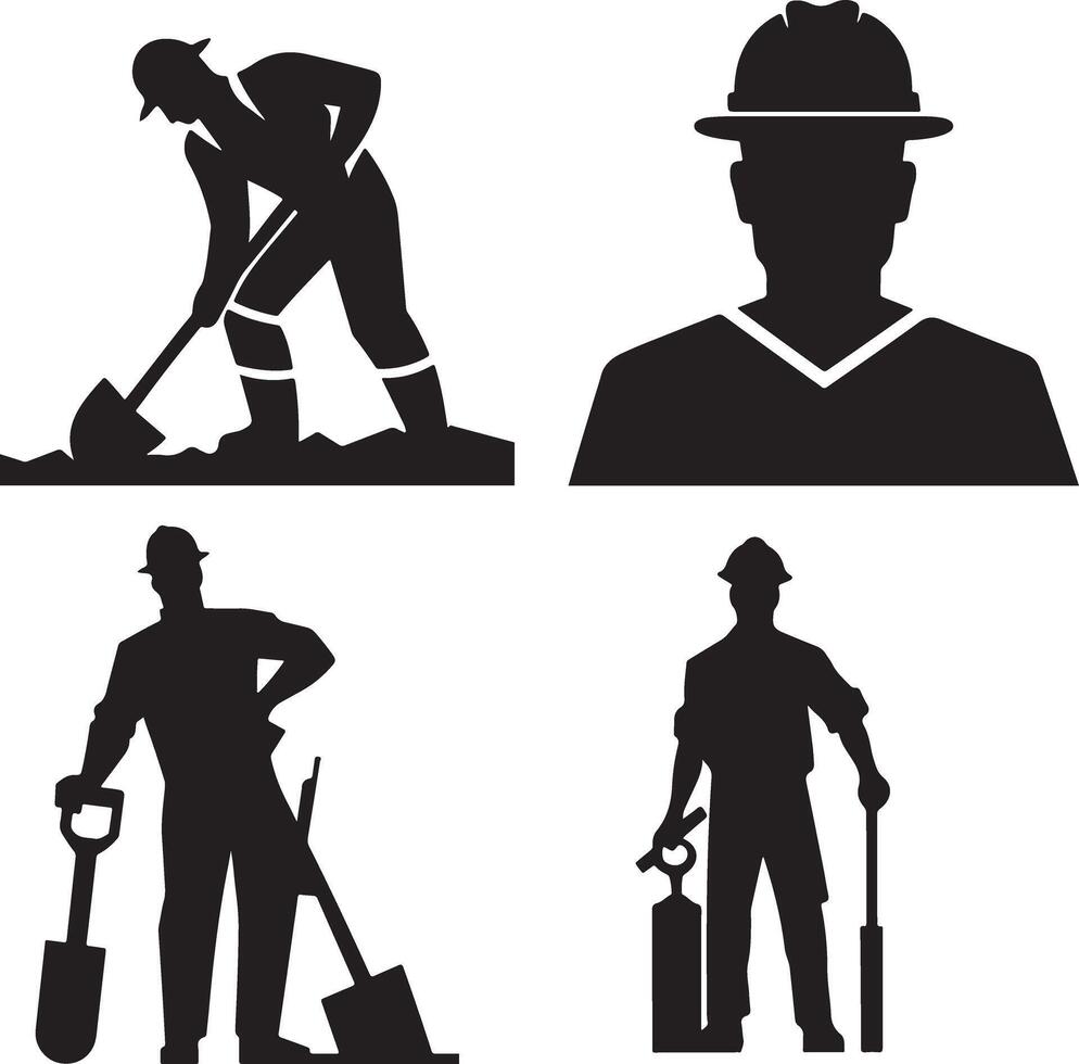 Four black silhouette icons representing diverse skilled labor. vector