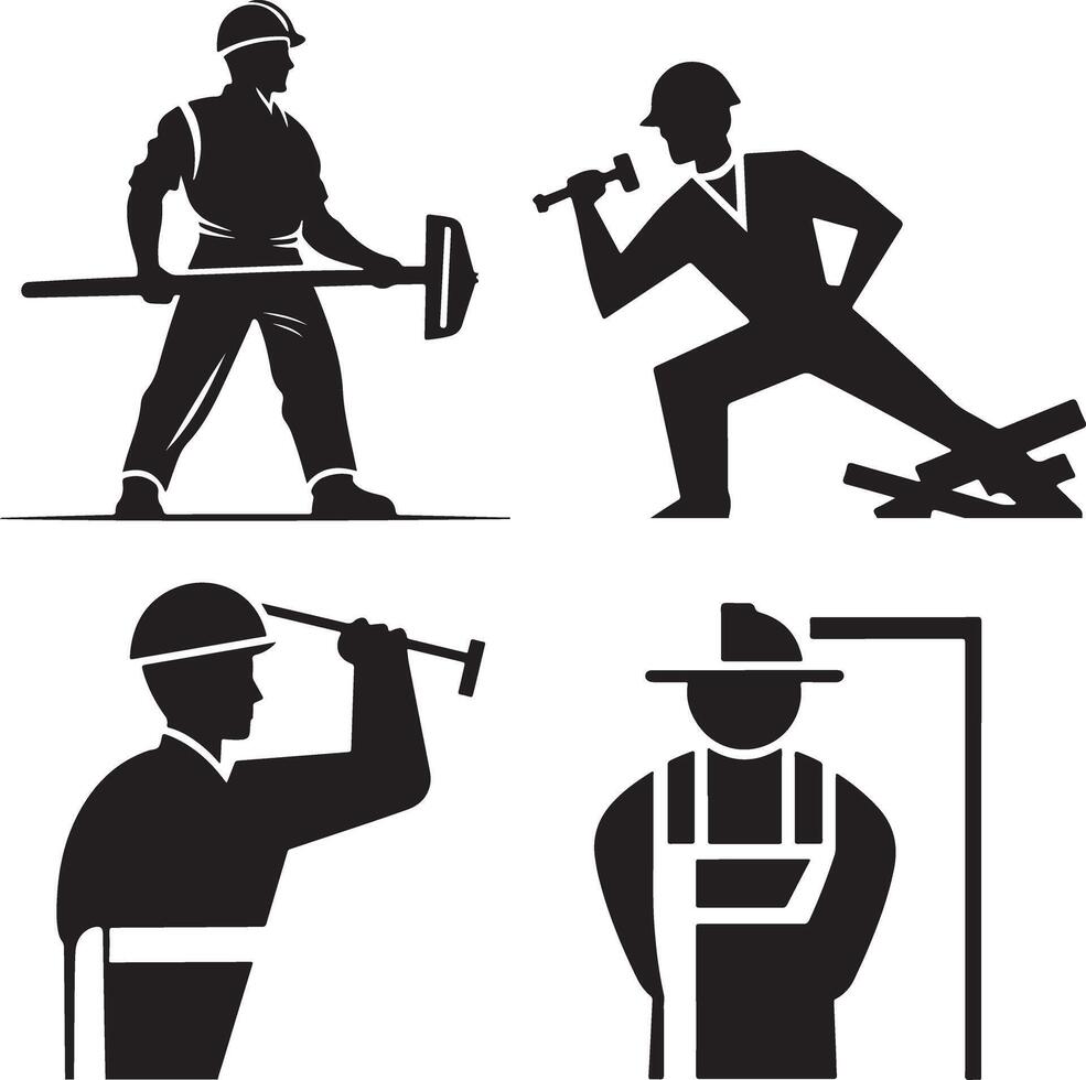 Four Black and White Silhouette Images of Construction Workers vector