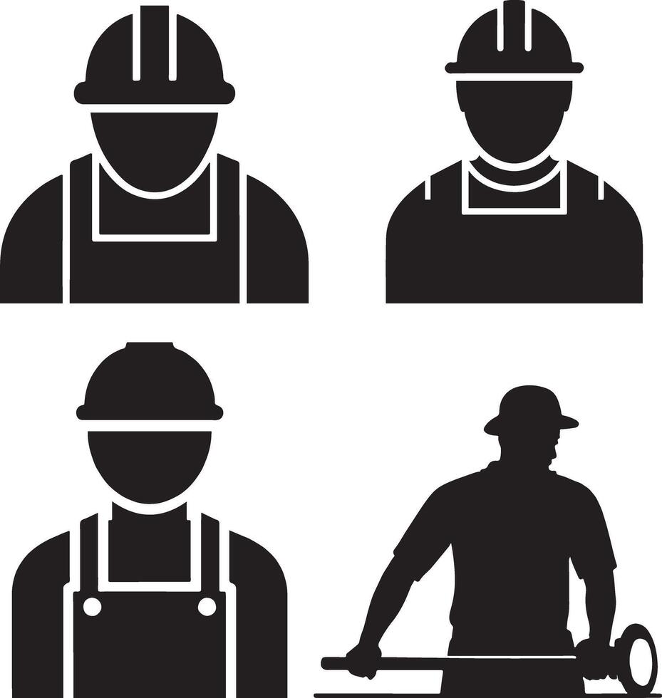 Four Black and White Silhouette Icons of Construction Workers vector