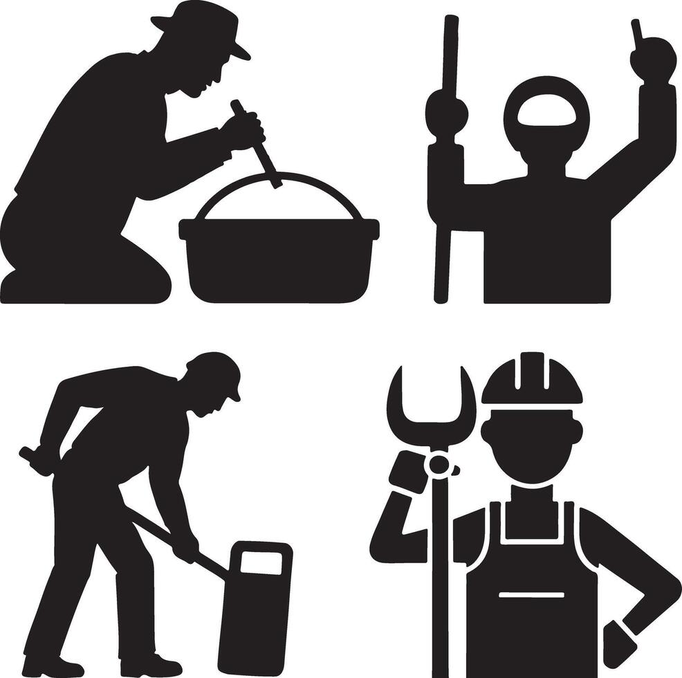 Silhouette Illustration of Construction Workers Performing Different Tasks vector