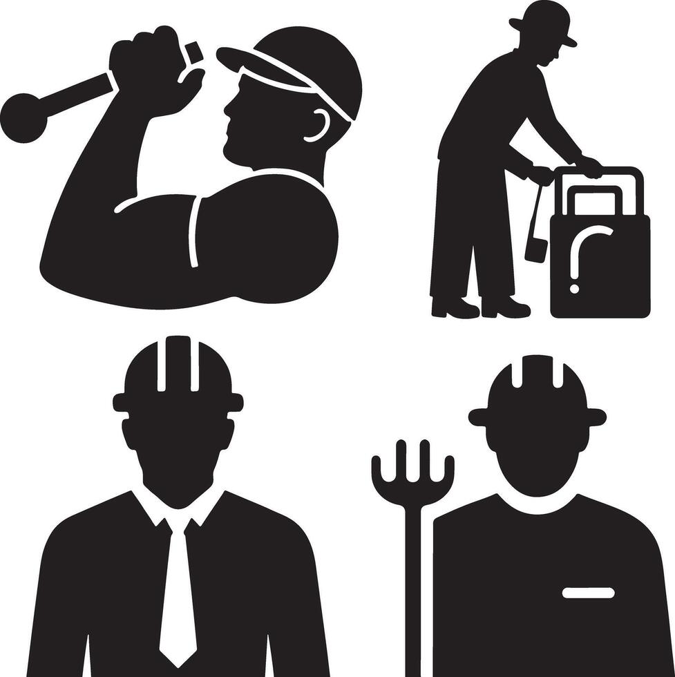 Black and white silhouette icons of various construction workers vector