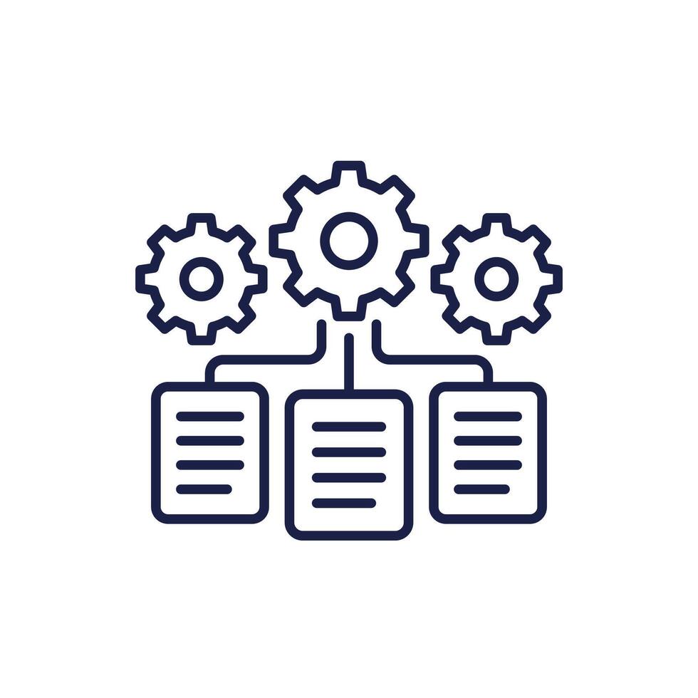 data management line icon with documents and gears vector