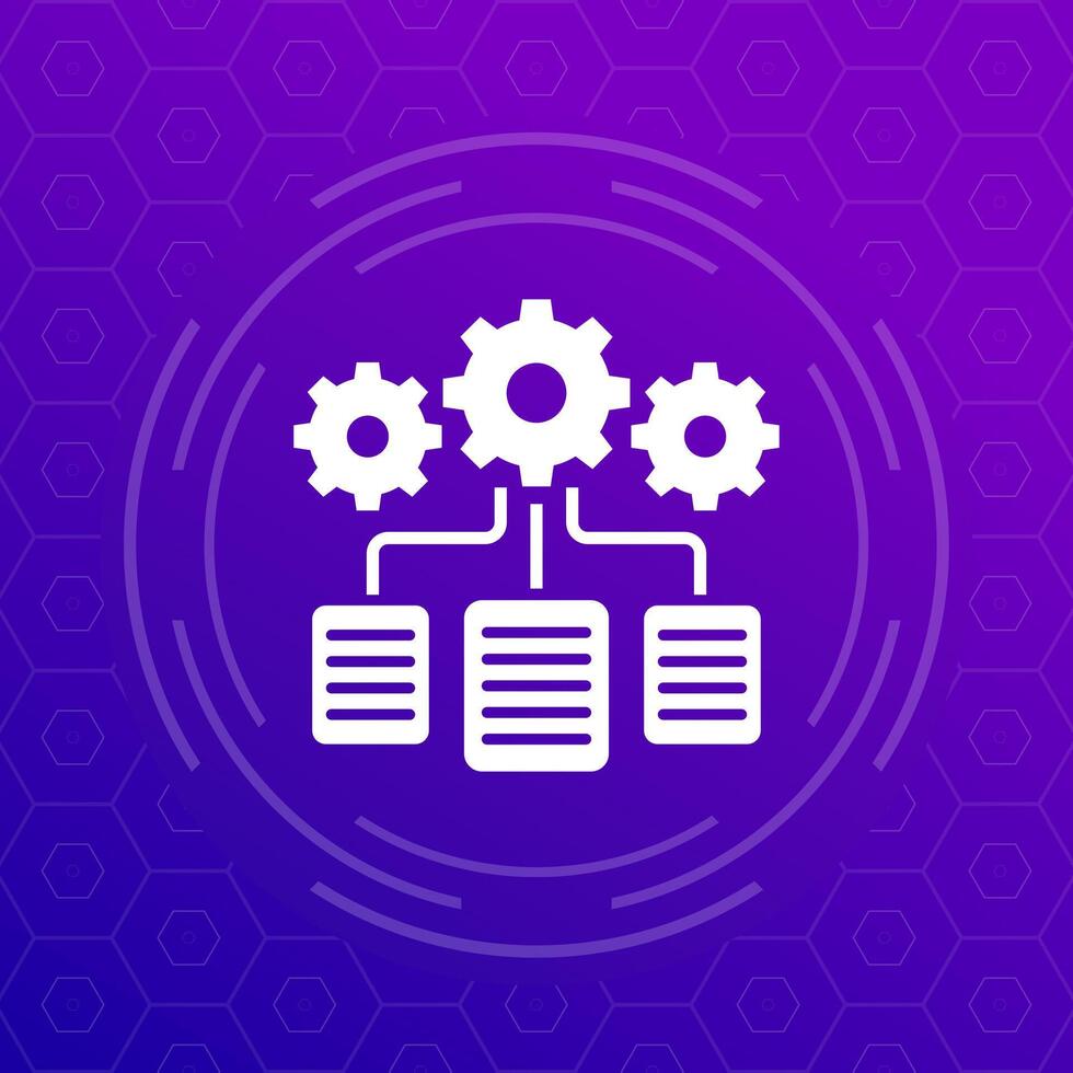 data management icon with documents and gears, vector