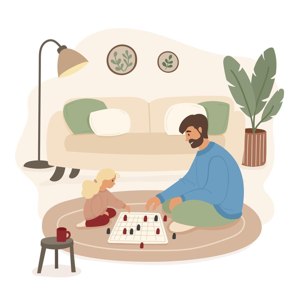 Father and daughter playing a board game in a cozy living room vector