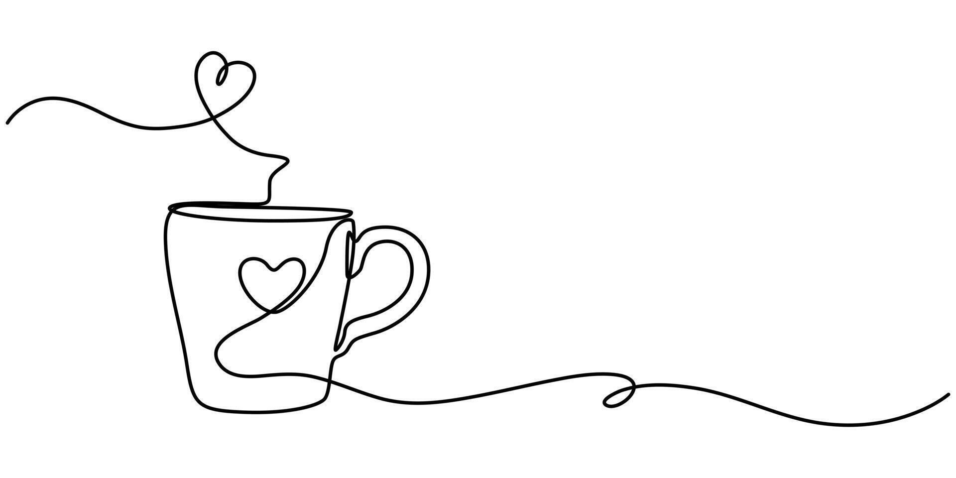 Continuous one line art drawing of coffee a cup of coffee with love sign vector