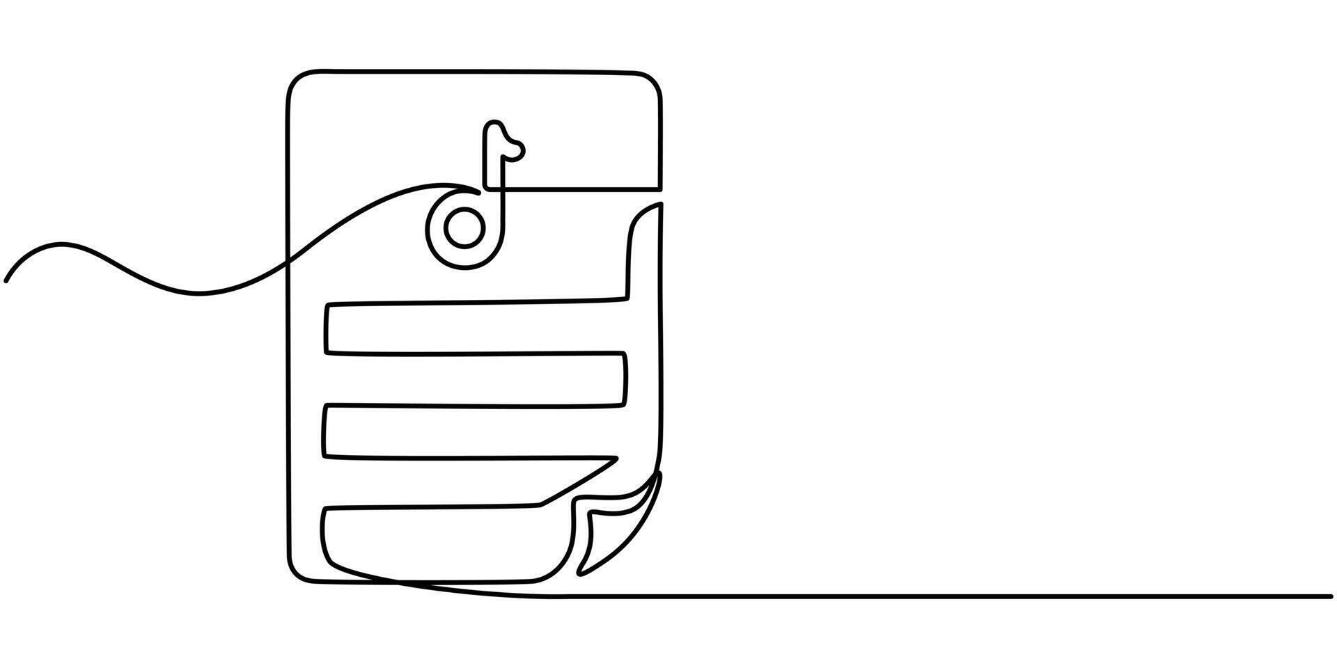 A single line drawing of a file with note symbol continuous line musical note icon vector