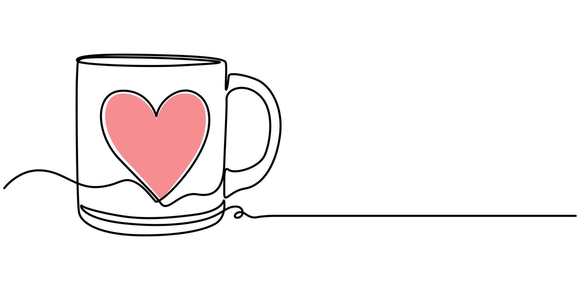 Coffee cup with heart shape continuous one line drawing Hot tea drink illustration isolated on white vector