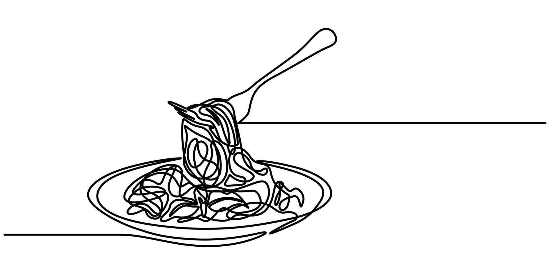 pasta spaghetti noodle with fork in one continuous single line style isolated vector