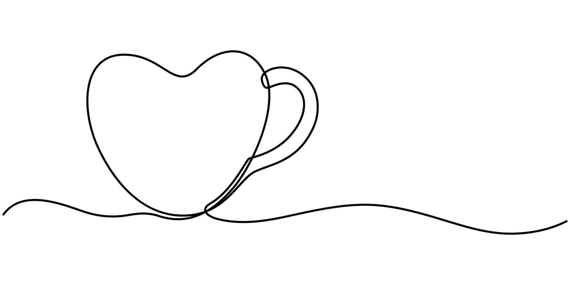 Hot coffee cup with heart shape aroma steam in continuous line art vector