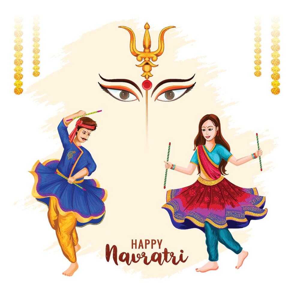 Shubh navratri with garba couple celebration card background vector