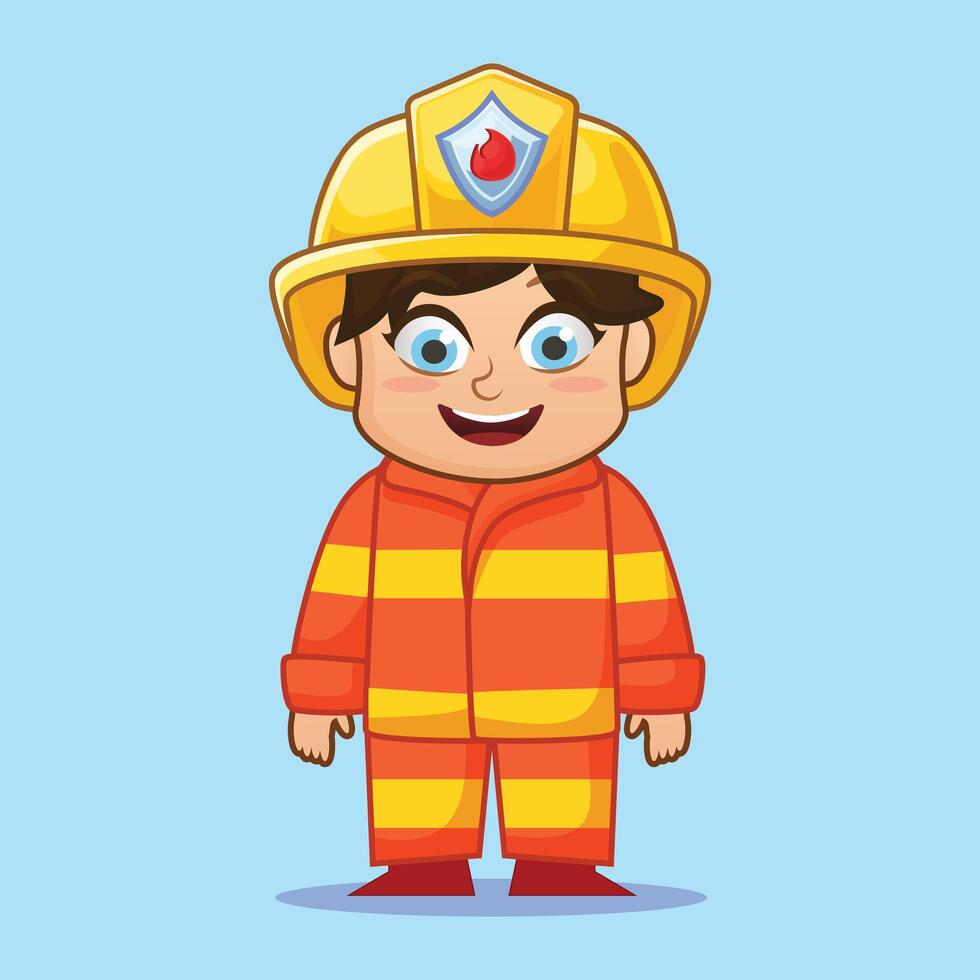 Firefighter Character chibi cute boy with smiling face wearing safety helmet and heat resistant jacket free illustration in 2d cartoon style. perfect for design asset or sticker fireman vector