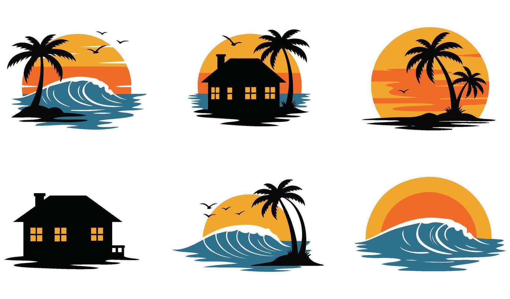 Relaxing Beach House Silhouette with Retro Sunset Palm Trees and Ocean Waves Capturing the Essence of a Peaceful Island Escape and Coastal Serenity vector