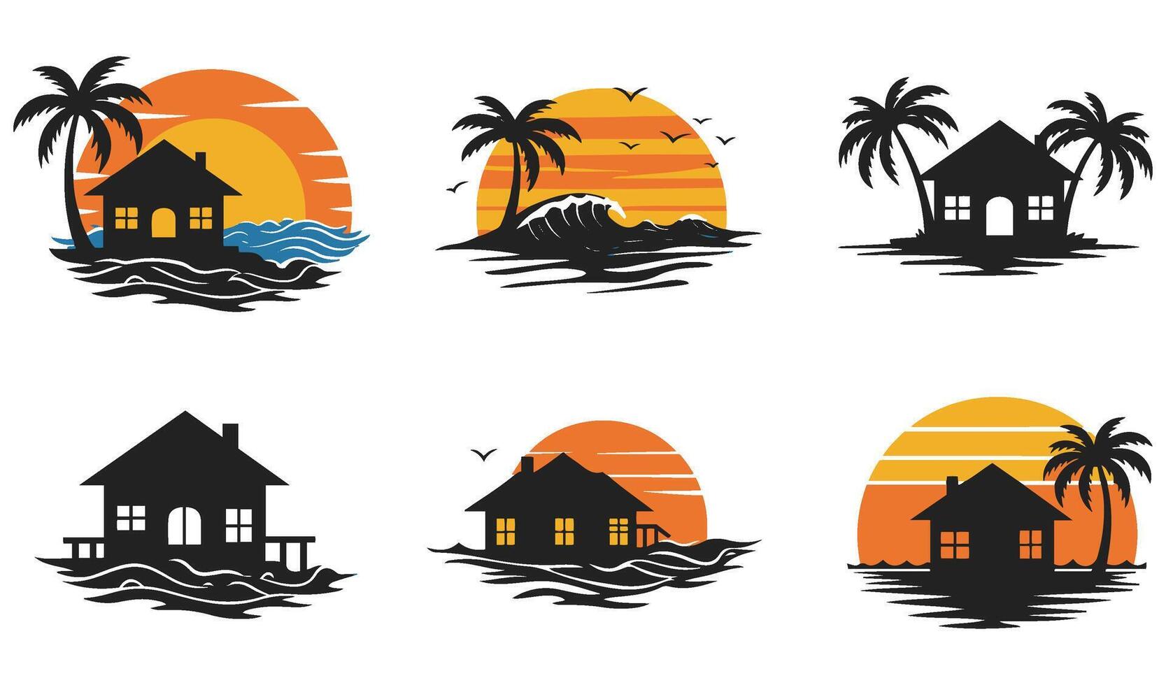 Coastal Summer Paradise with Palm Trees Waves and a Beach House Silhouette Under a Glowing Retro Sunset Ideal for Travel Branding and Vacation Concepts vector