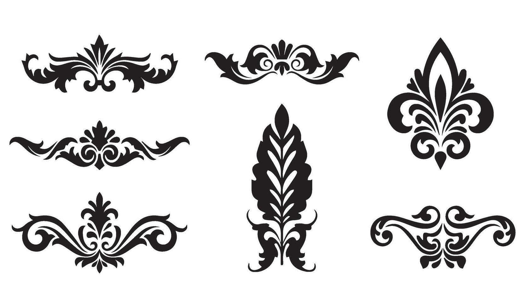 Artistic Floral Flowers Stencil Silhouette Summer Set with Decorative Swirl Ornament Icon Symbol and Nature-Inspired Patterns vector