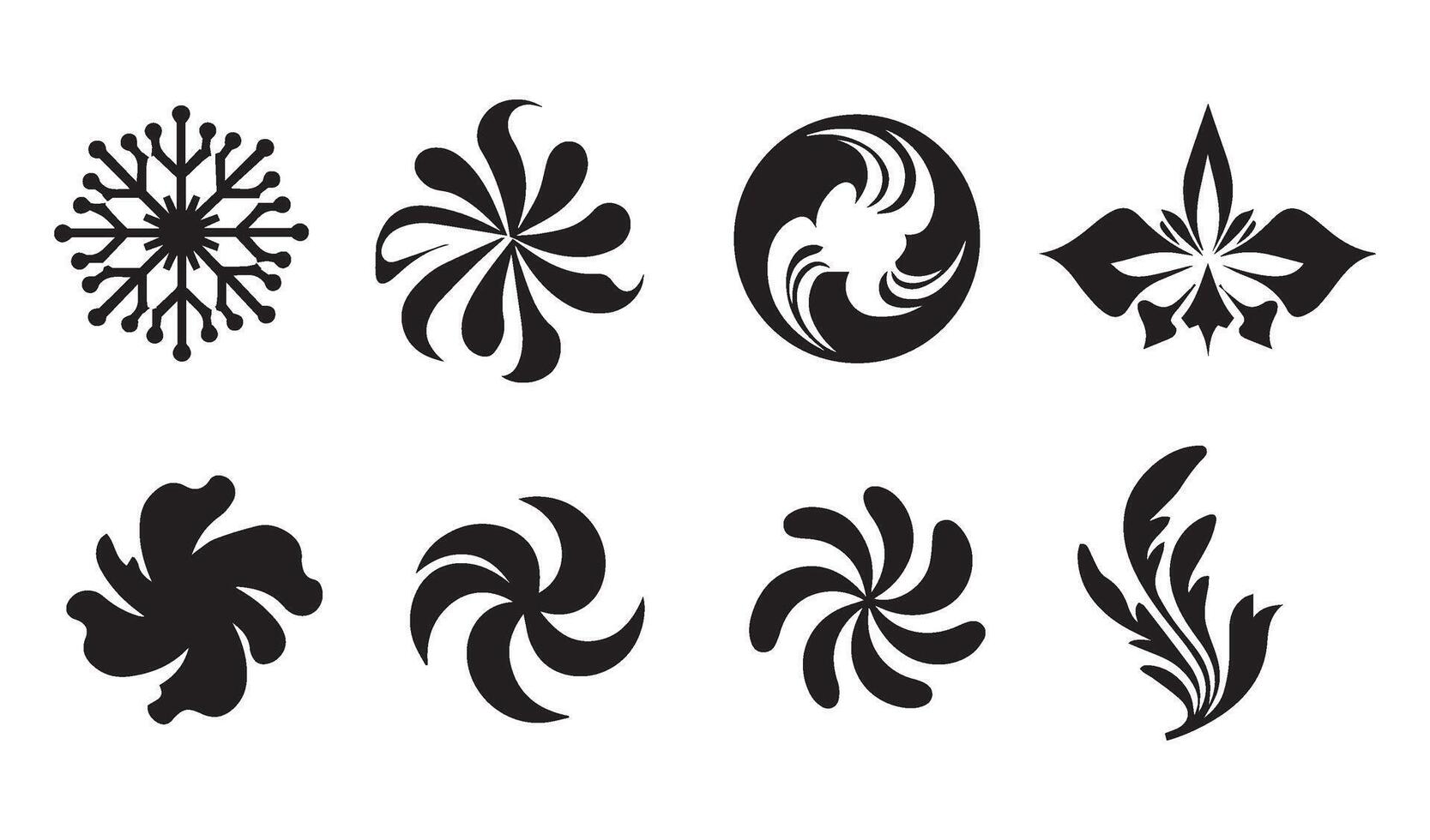 Hand-Drawn Floral Flowers Stencil Swirl Ornament Icon Symbol with Ornamental Lily and Rose Silhouettes for Elegant Summer Set Designs vector