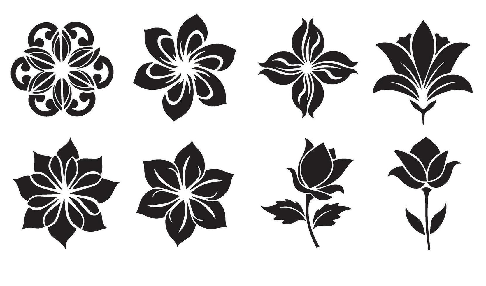 Classic Floral Flowers Stencil Swirl Ornament Icon Symbol with Artistic Summer Set Patterns Including Calligraphy Leaf and Star Outlines vector